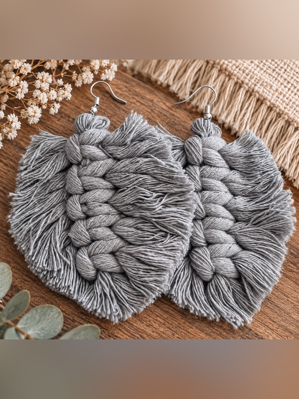 Gray Macrame Leaf Earrings Boho Fringe Statement Earrings Handmade 3x3”